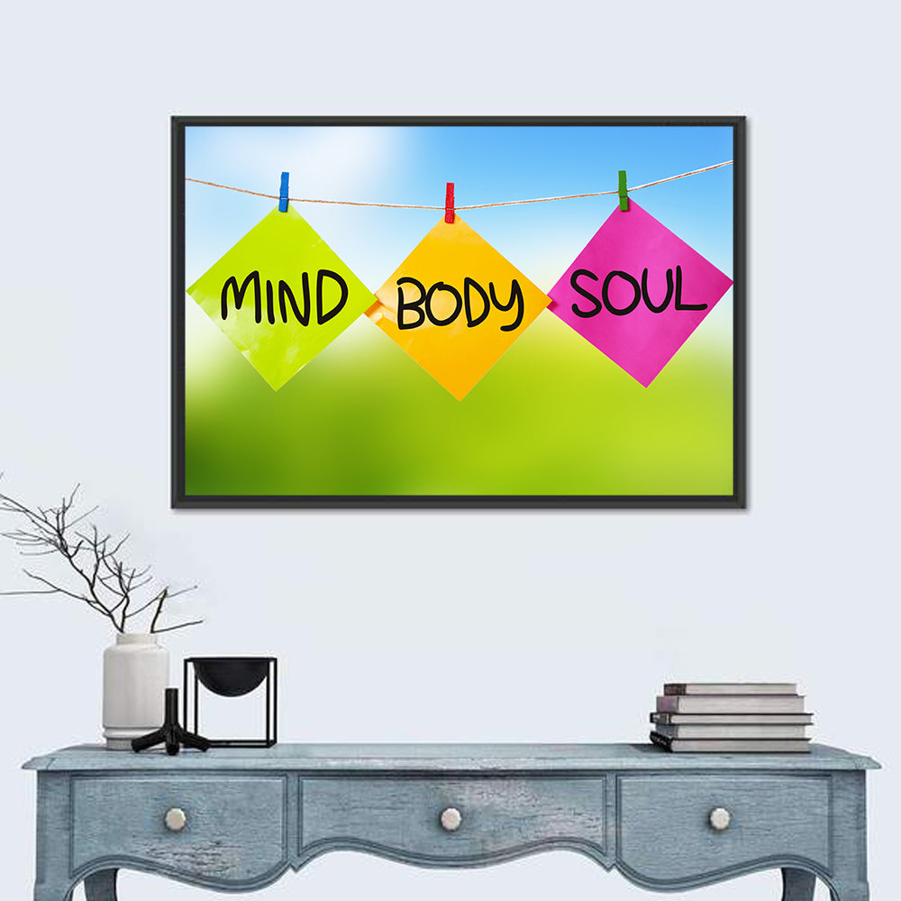 Mind Body Soul Paper Trio Wall Art in a room, landscape
