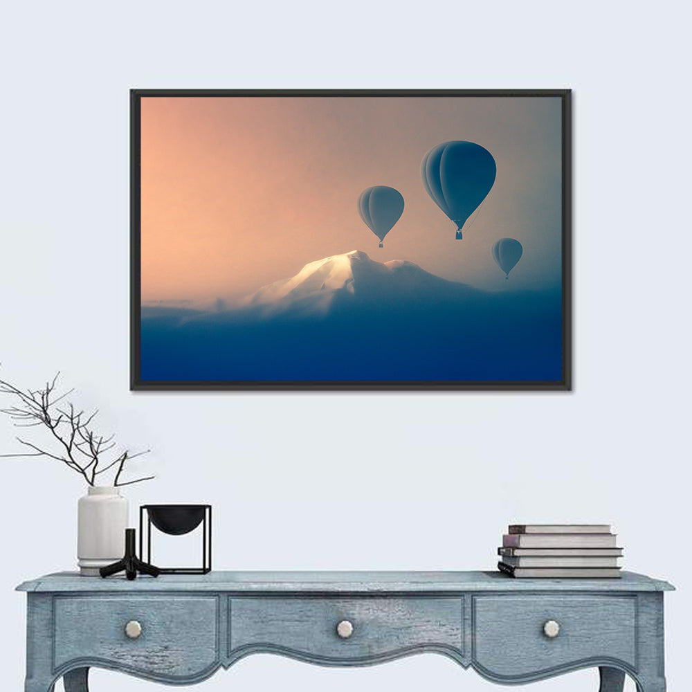 Three Hot Air Balloons Over Misty Peak Wall Art