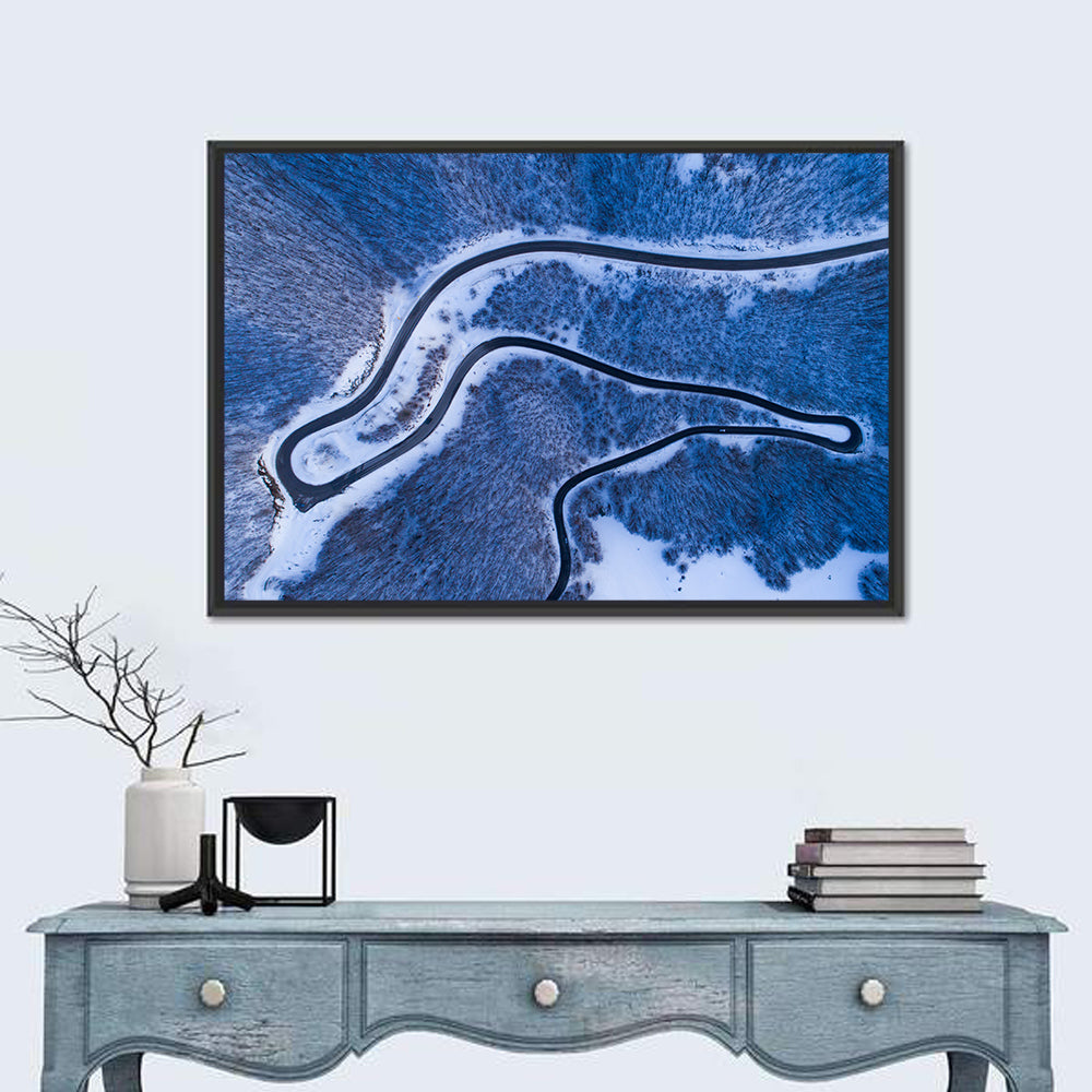 Montenegro Snowy Mountain Road Wall Art in a room, landscape