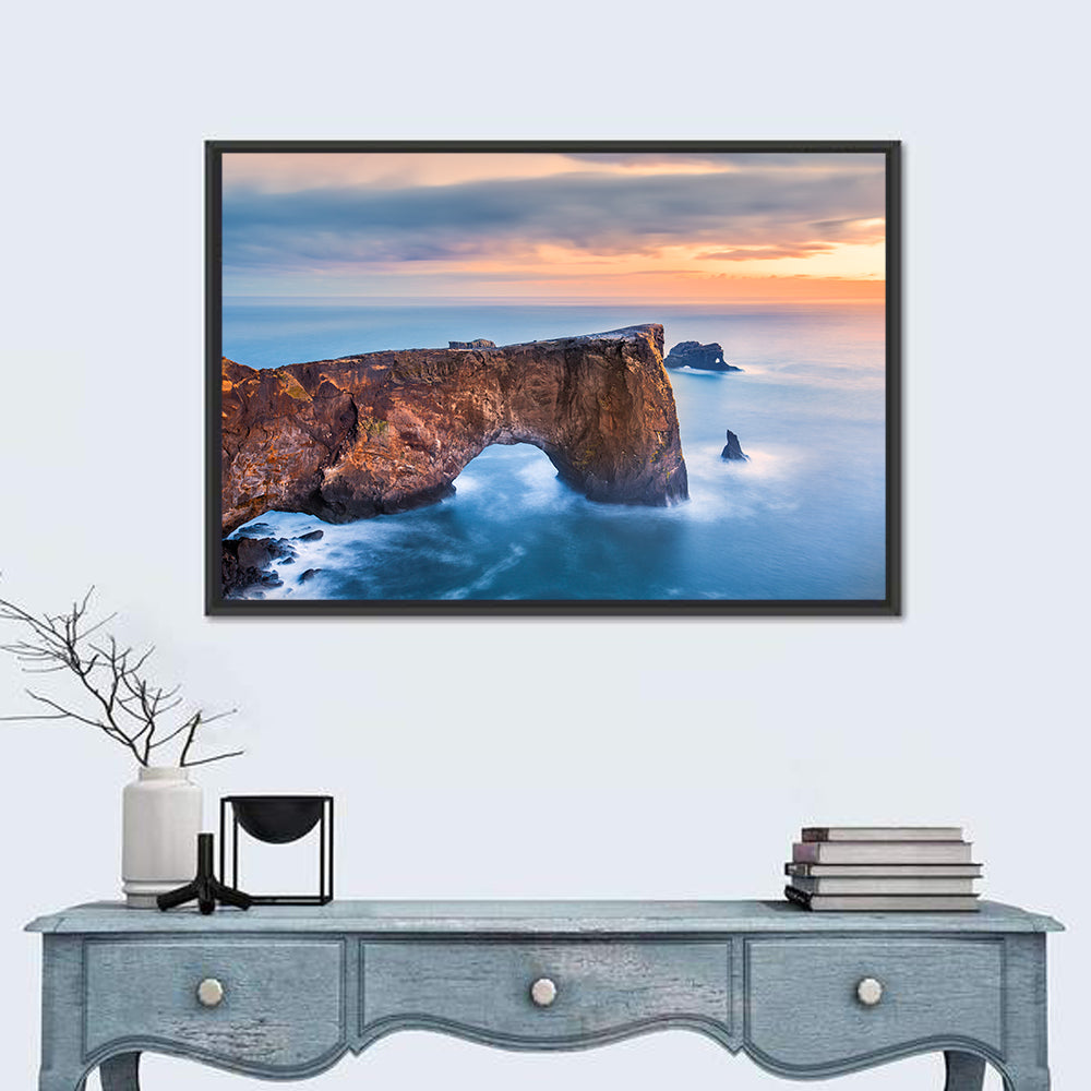 Dyrhólaey Sea Arch at Sunset Wall Art in a room, landscape