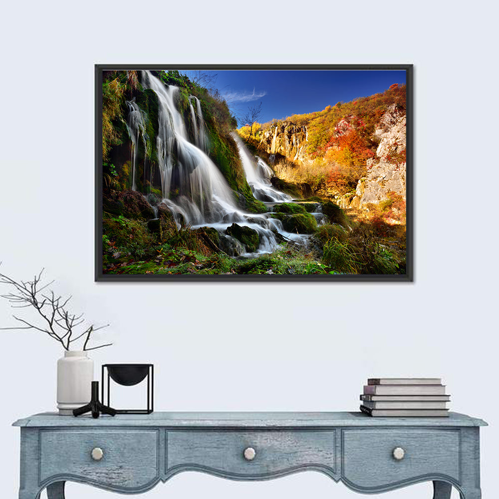 Plitvice Lakes Waterfall Wall Art in a room, landscape