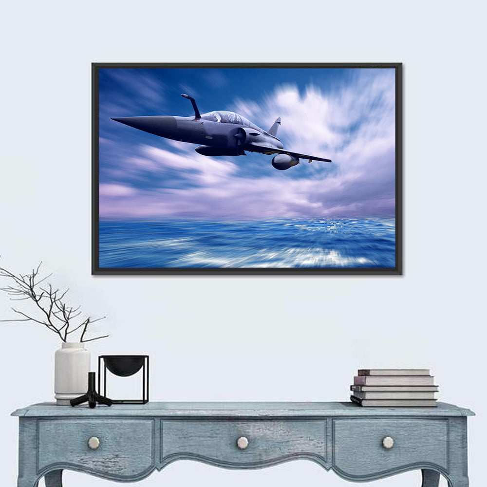 Supersonic Fighter Jet Over Ocean Wall Art in a room, landscape