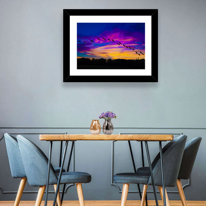Silhouetted Cranes at Dusk Wall Art