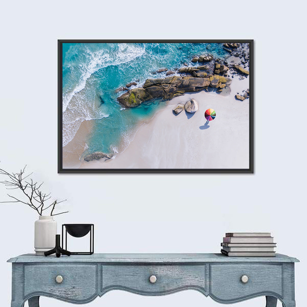 Aerial Beach with Rainbow Umbrella Wall Art