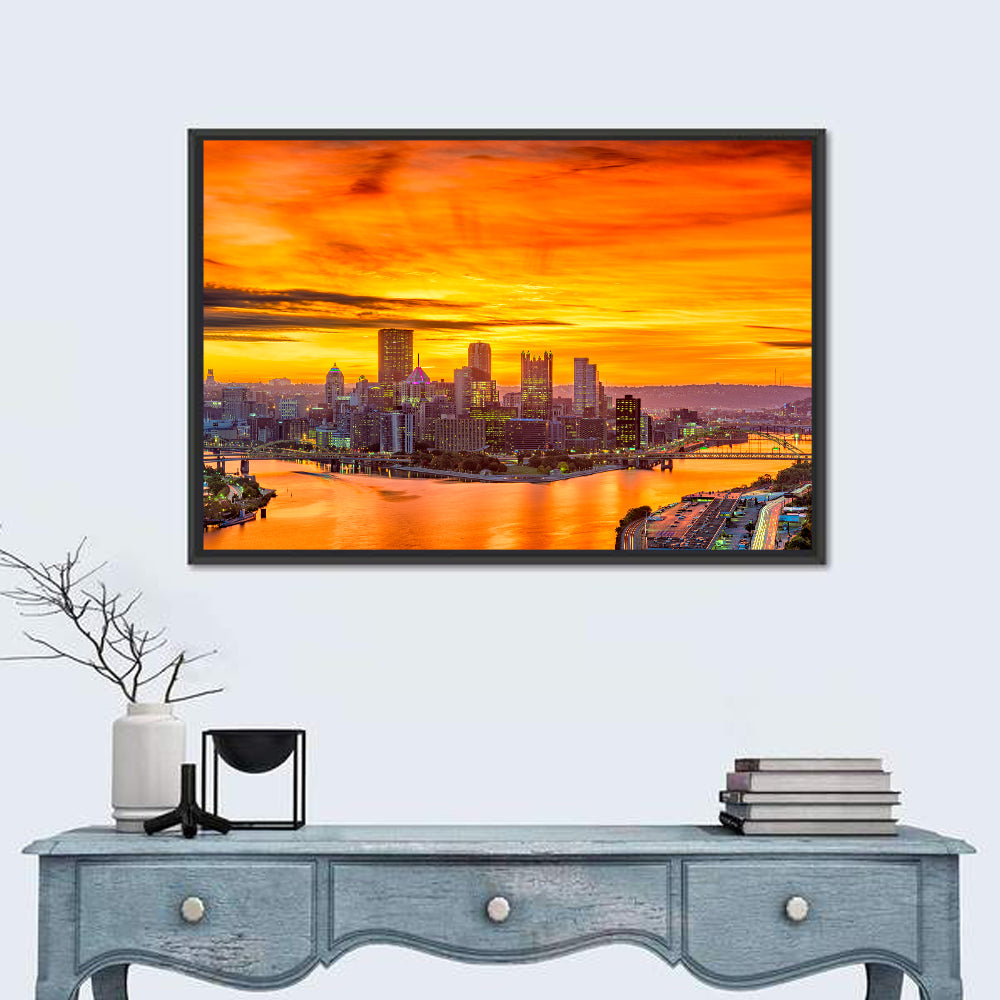 Pittsburgh Skyline at the Point Wall Art in a room, landscape