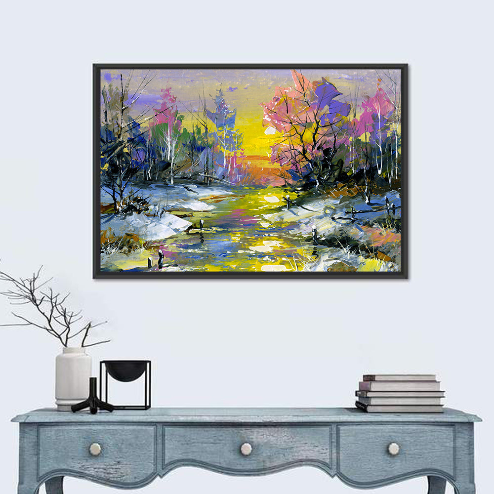 Golden Sunset Over Snowy Stream Wall Art