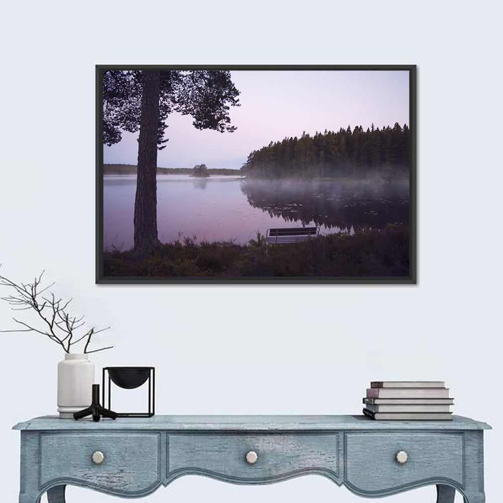 Misty Lake with Bench Wall Art