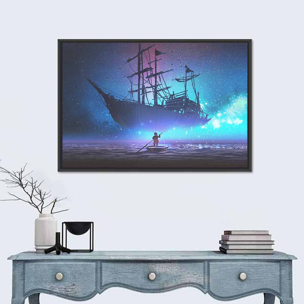 Sailing Ship Under Starry Sky Wall Art in a room, landscape