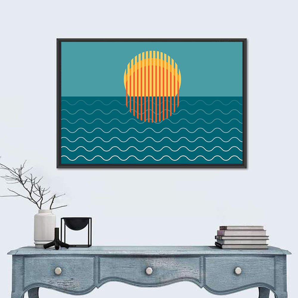 Teal Ocean Sunset Illustration Wall Art in a room, landscape