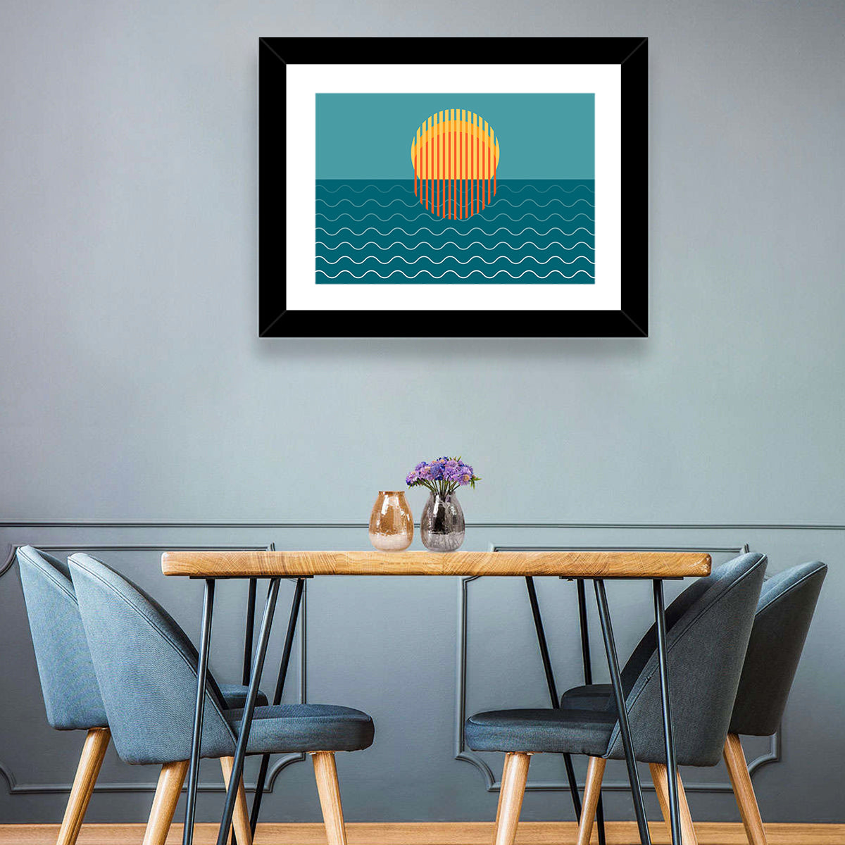 Teal Ocean Sunset Illustration Wall Art