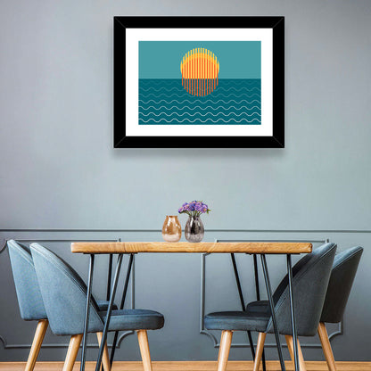 Teal Ocean Sunset Illustration Wall Art