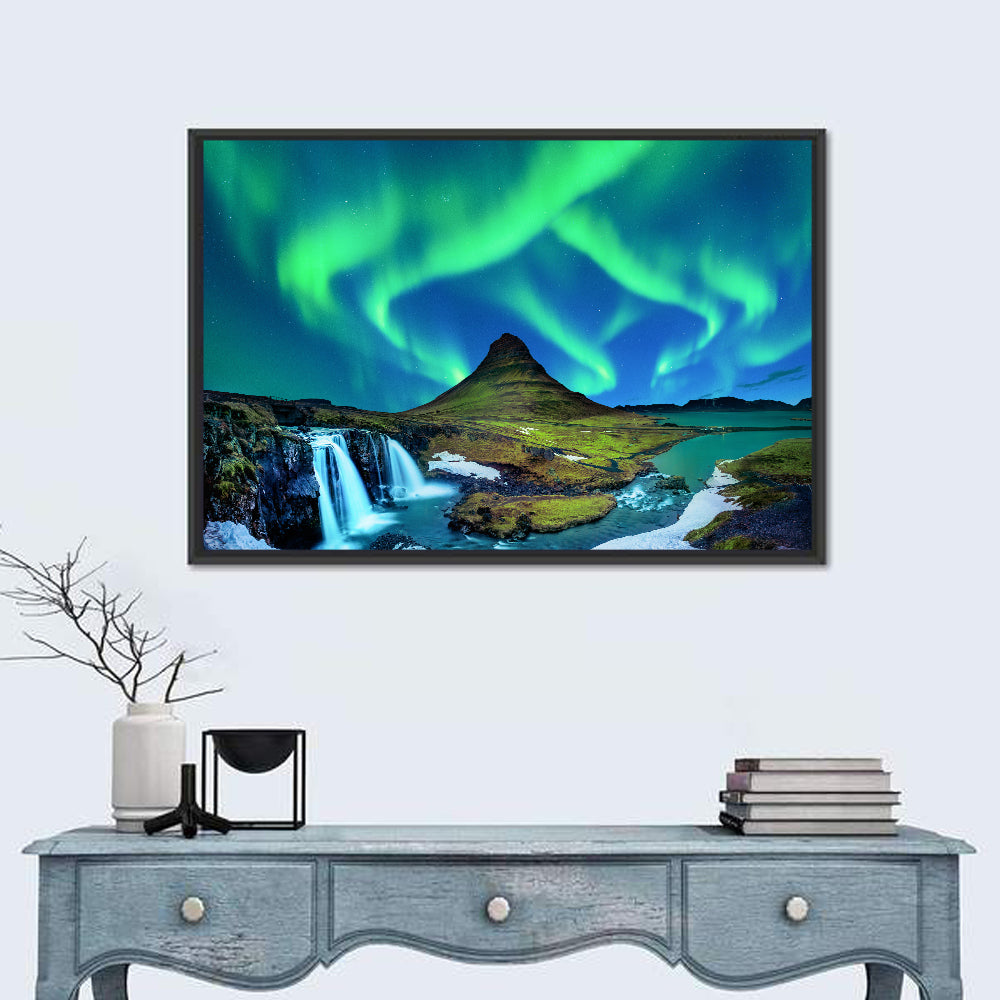 Kirkjufell Northern Lights Wall Art in a room, landscape