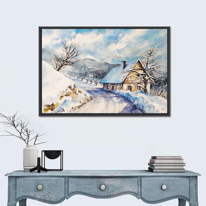 Snowy Mountain Cottage on Curved Path Wall Art
