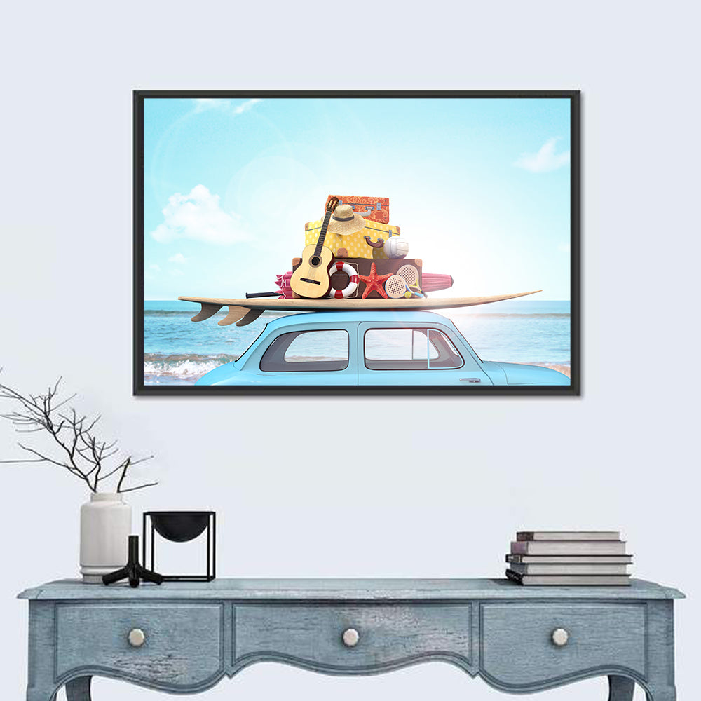 Vintage Car with Surfboard Wall Art in a room, landscape