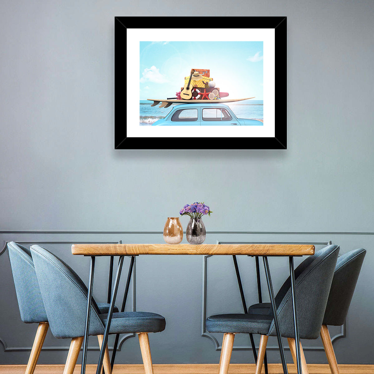 Vintage Car with Surfboard Wall Art