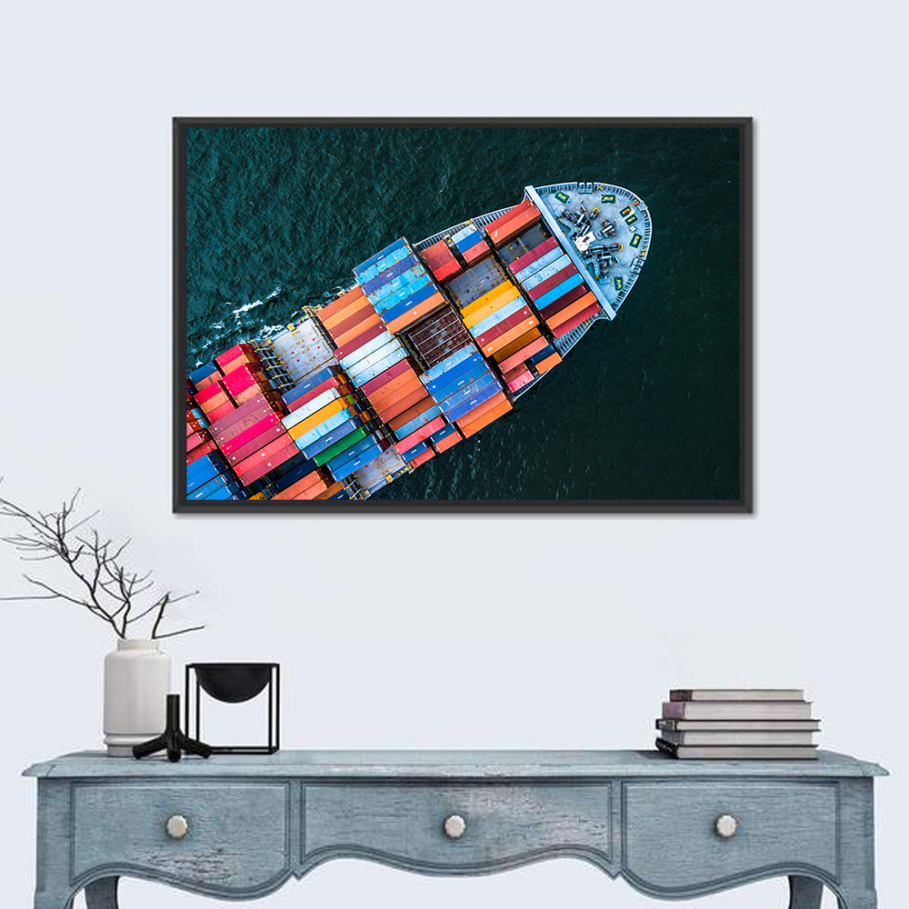Container Ship Aerial View Wall Art in a room, landscape