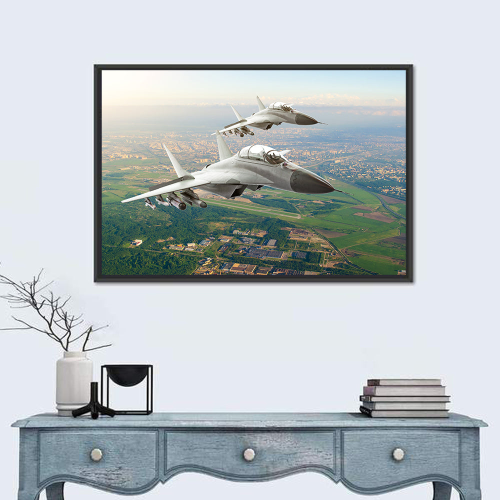 Twin Fighter Jets Over Cityscape Wall Art