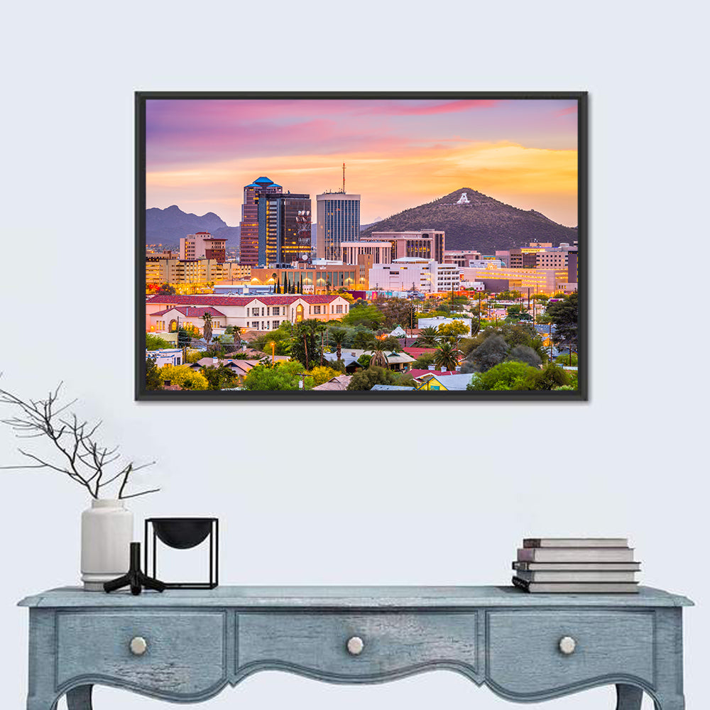 Tucson Skyline at Golden Hour Wall Art in a room, landscape