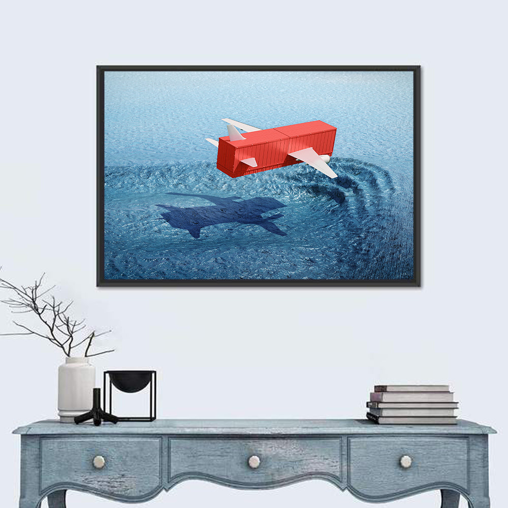 Flying Shipping Container Wall Art in a room, landscape