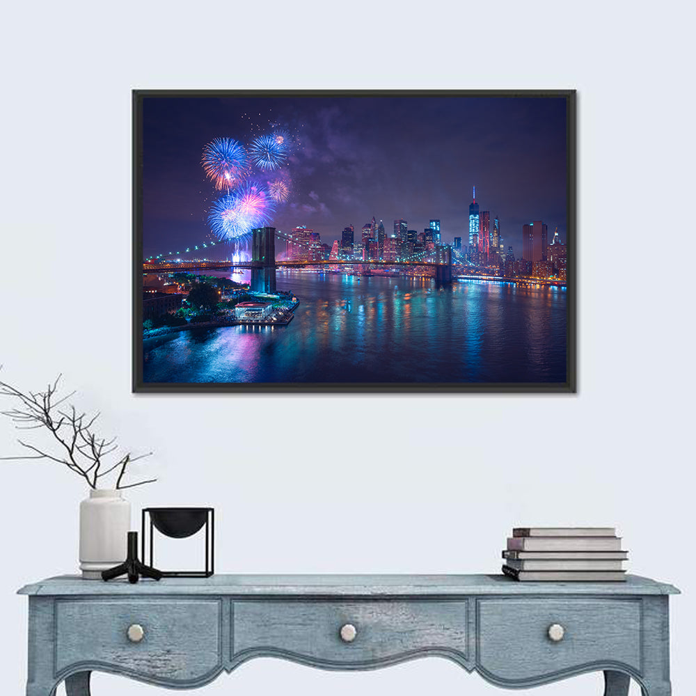 Fireworks Over Brooklyn Bridge Wall Art in a room, landscape