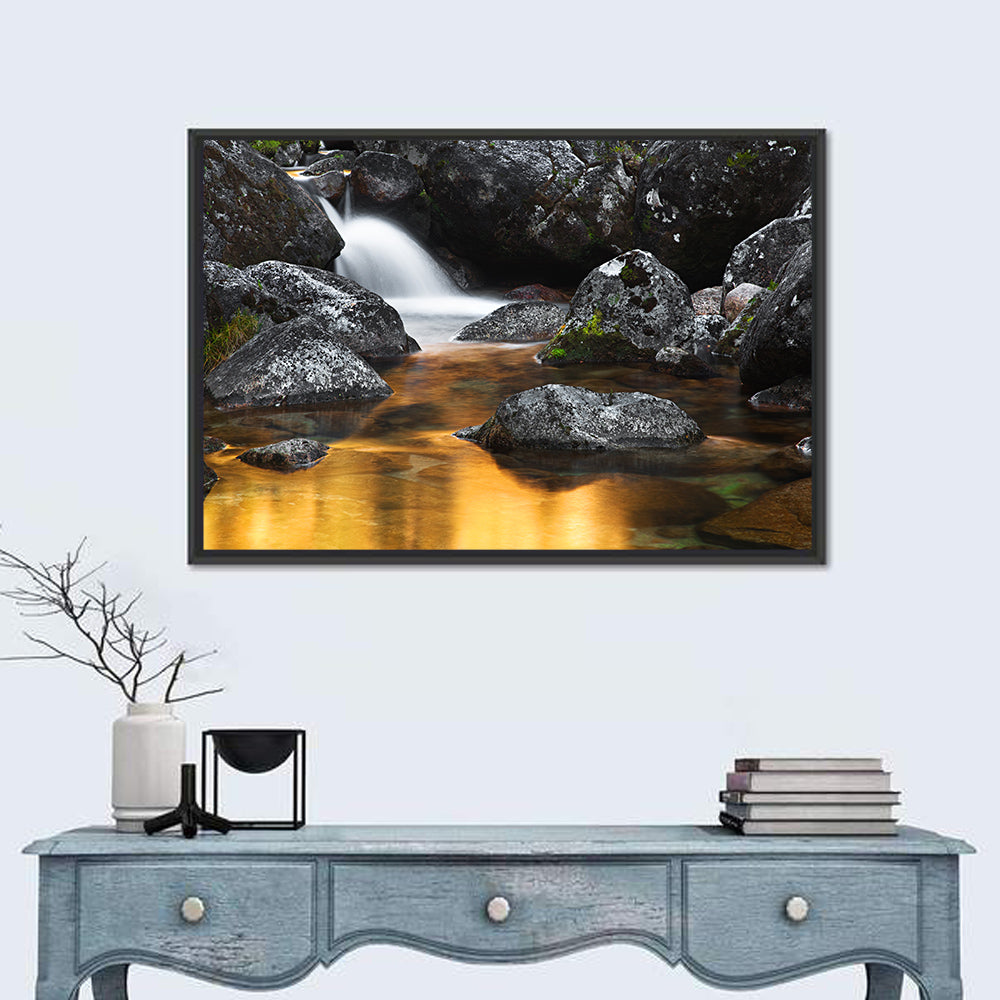 Golden Stream Waterfall Wall Art in a room, landscape