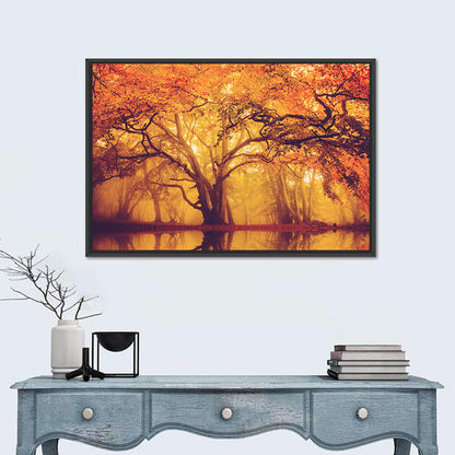 Golden Mist Forest Reflection Wall Art