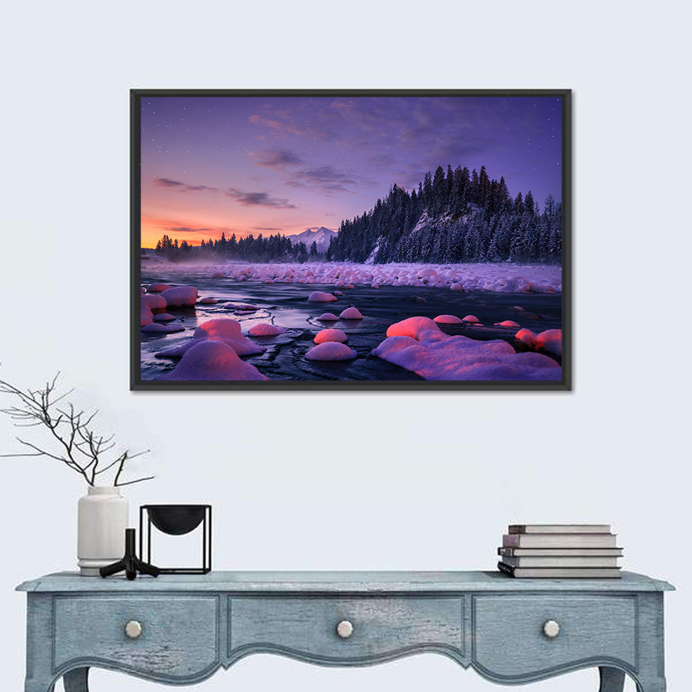 Twilight River and Snowy Pines Wall Art in a room, landscape