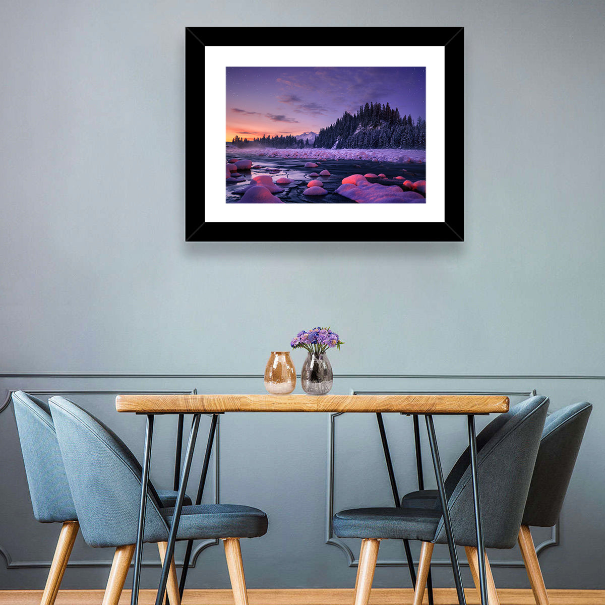 Twilight River and Snowy Pines Wall Art