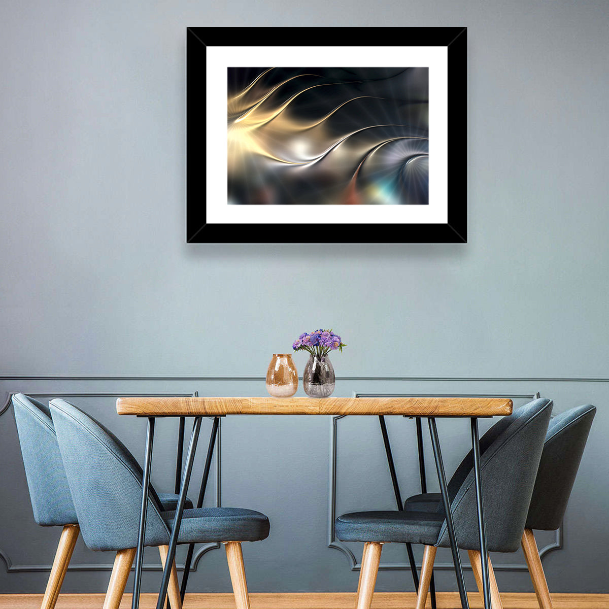 Luminous Metallic Wave Wall Art in a room, landscape