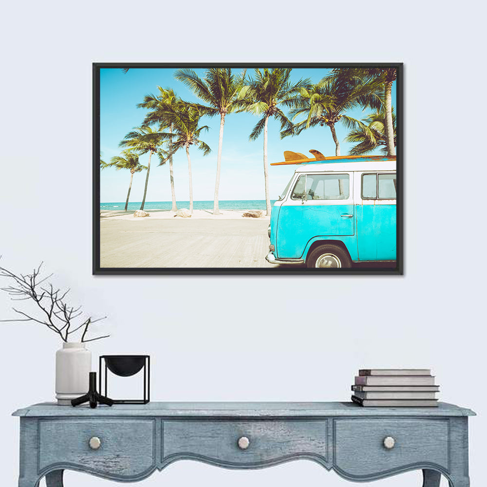 Vintage Vw Bus on Tropical Beach Wall Art