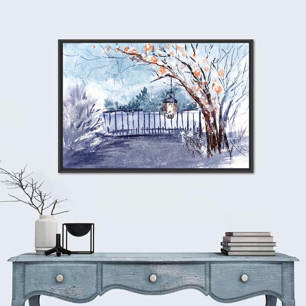 Countryside Winter Lantern Illustration Wall Art in a room, landscape
