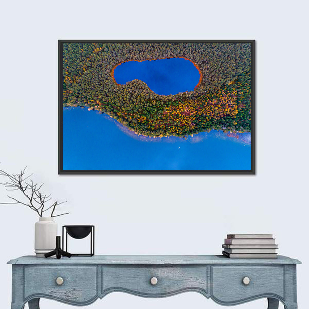 Autumn Forest Lake Wall Art in a room, landscape