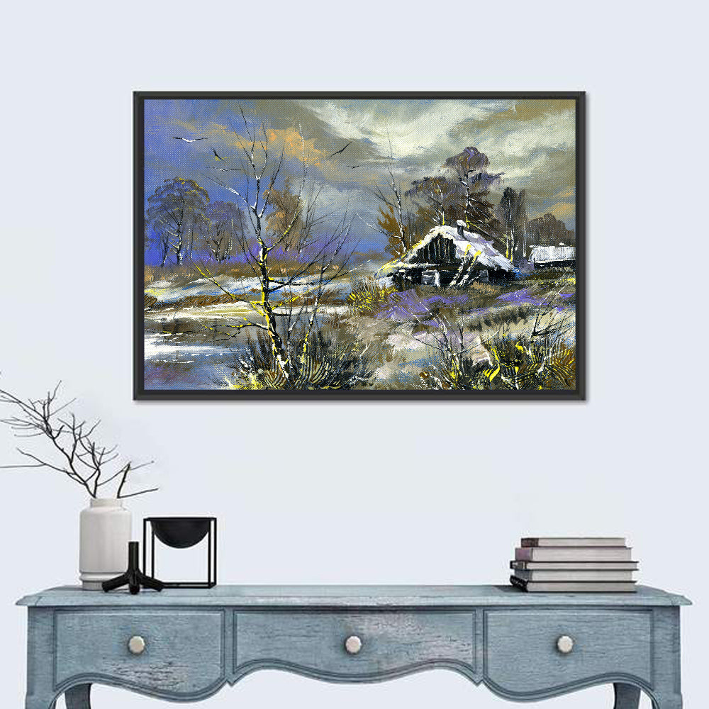 Winter Cottage by the River Wall Art in a room, landscape