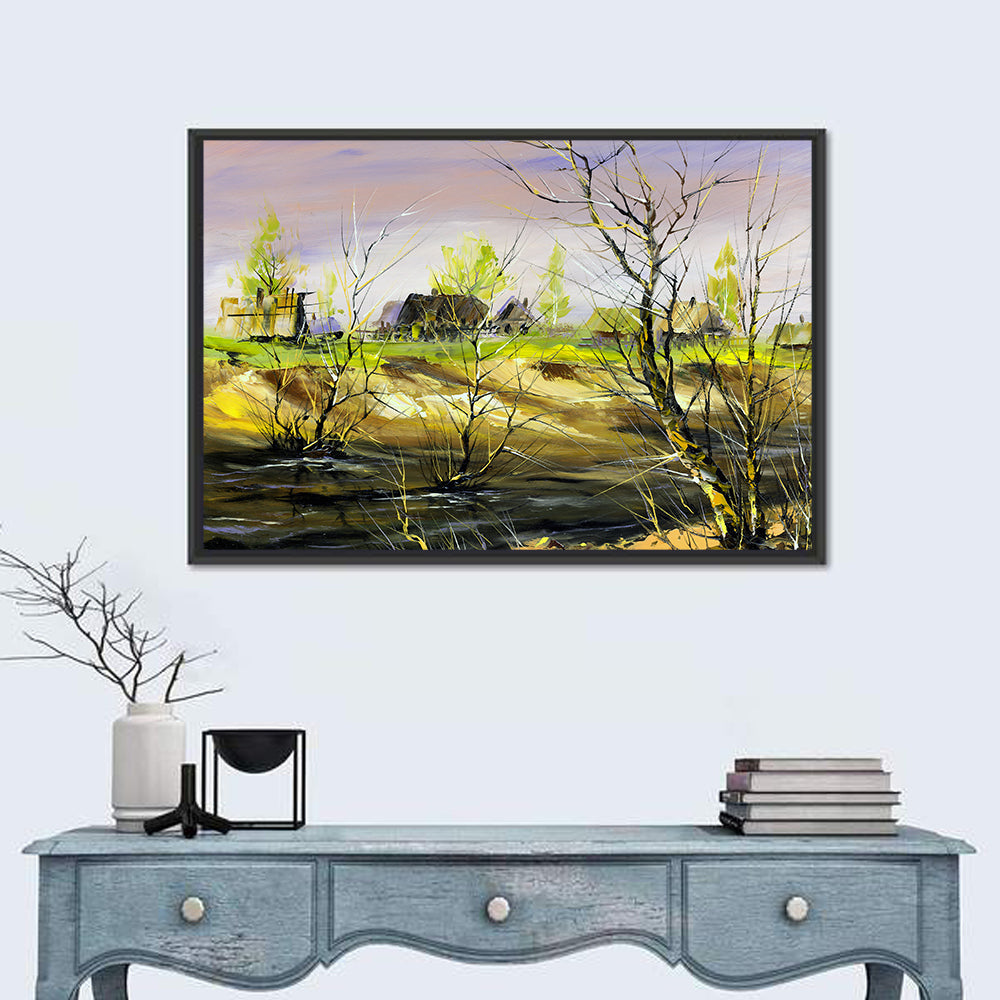 Riverside Summer Village Wall Art in a room, landscape