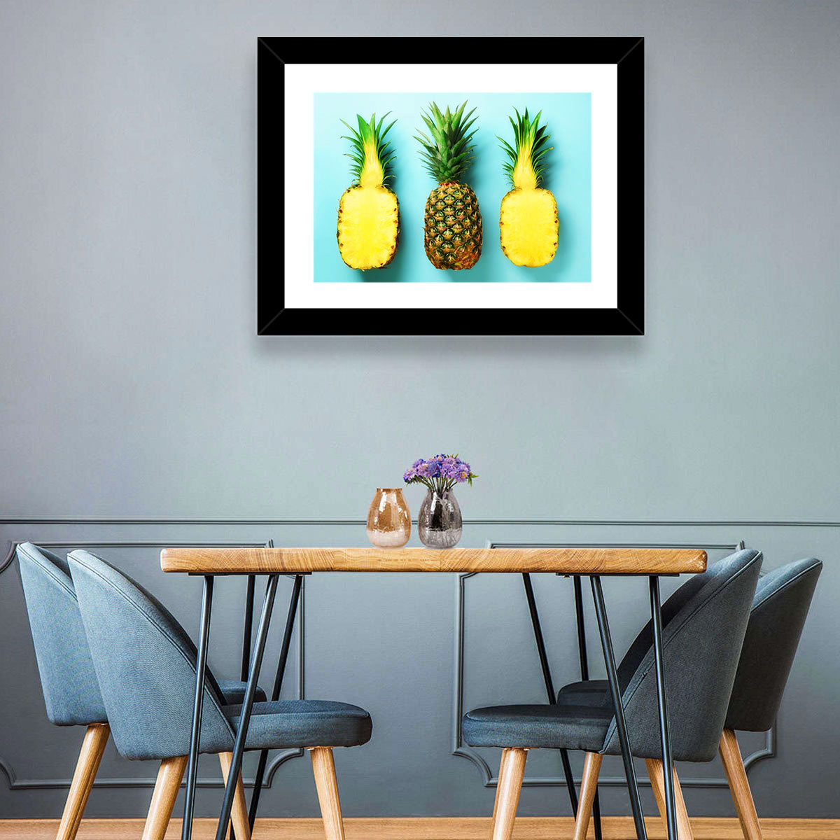 Three Pineapples Minimalist Design Wall Art in a room, landscape