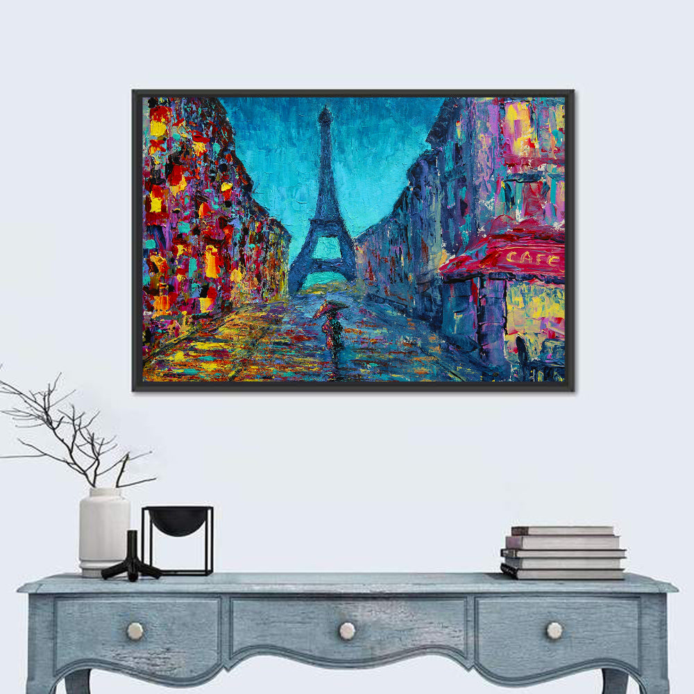 Rainy Paris Street with Eiffel Tower Wall Art in a room, landscape