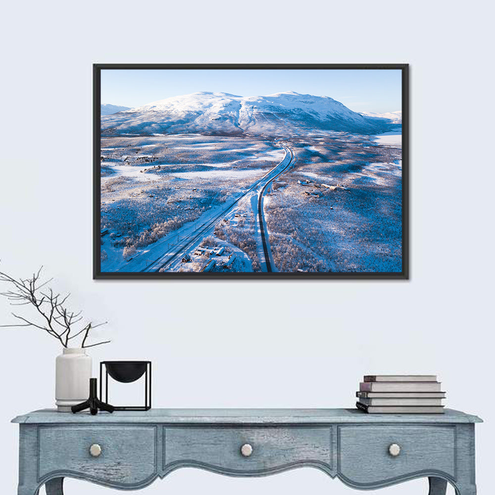 Snowy Valley with Parallel Tracks Wall Art in a room, landscape