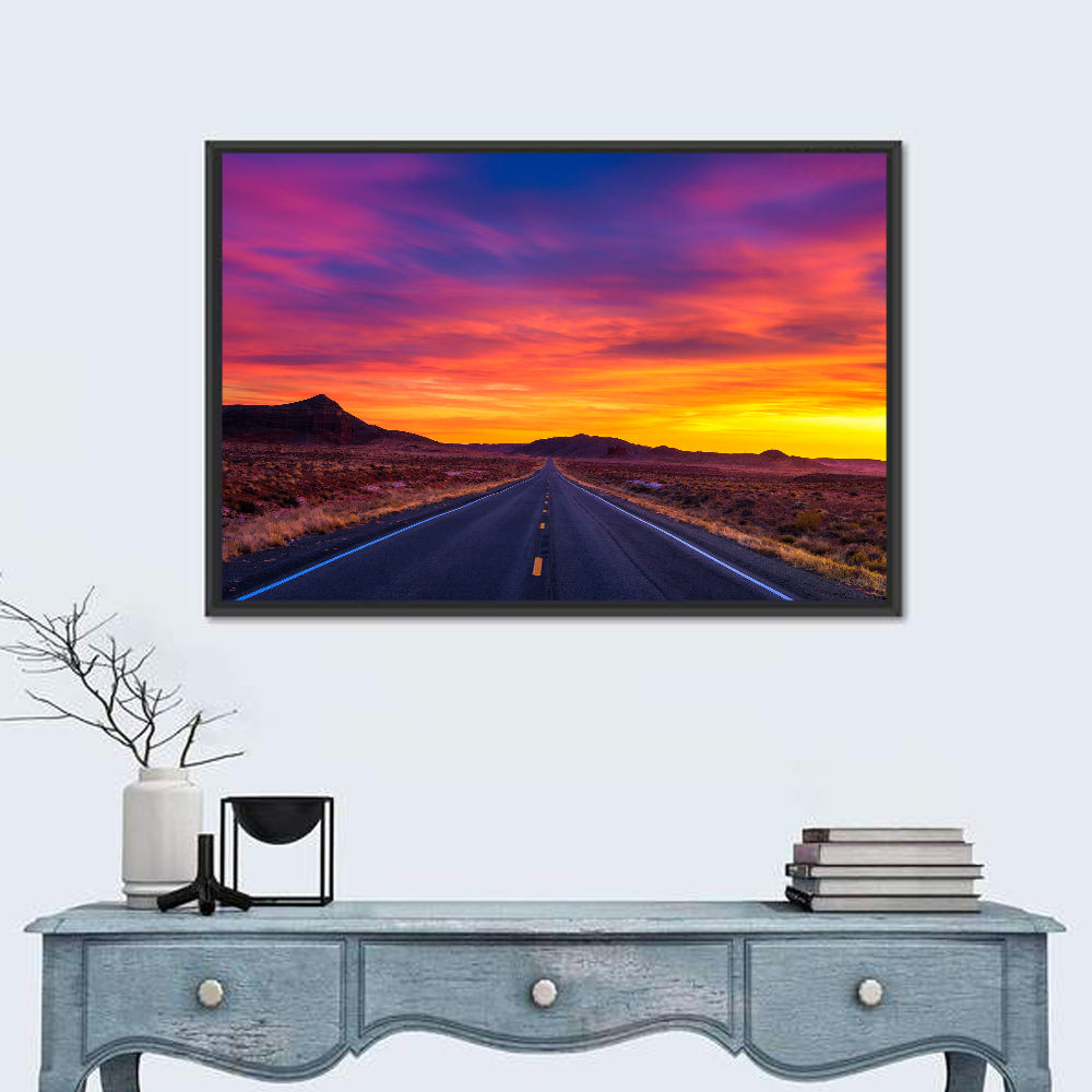 Infinite Desert Road Sunset Wall Art in a room, landscape