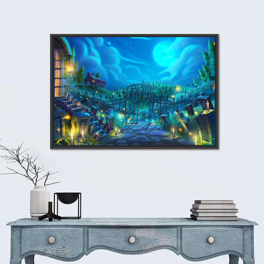 Halloween Cemetery Gate Illustration Wall Art in a room, landscape