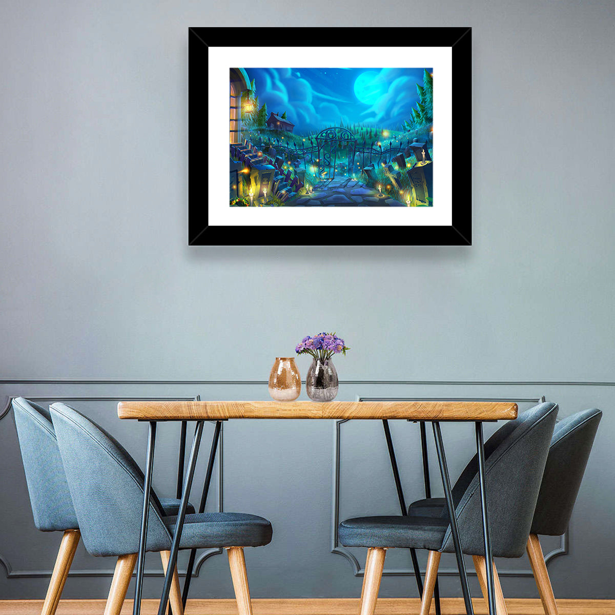 Halloween Cemetery Gate Illustration Wall Art in a room, landscape
