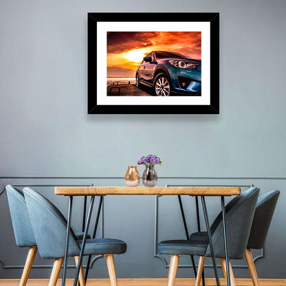 Suv on Pier at Sunset Wall Art