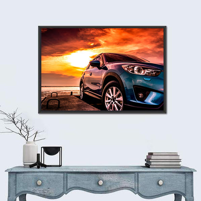 Suv on Pier at Sunset Wall Art