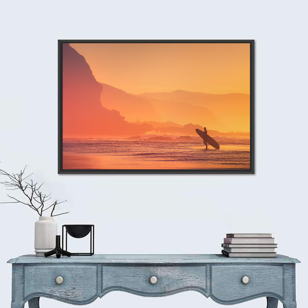 Surfer Silhouette at Golden Sunset Wall Art in a room, landscape