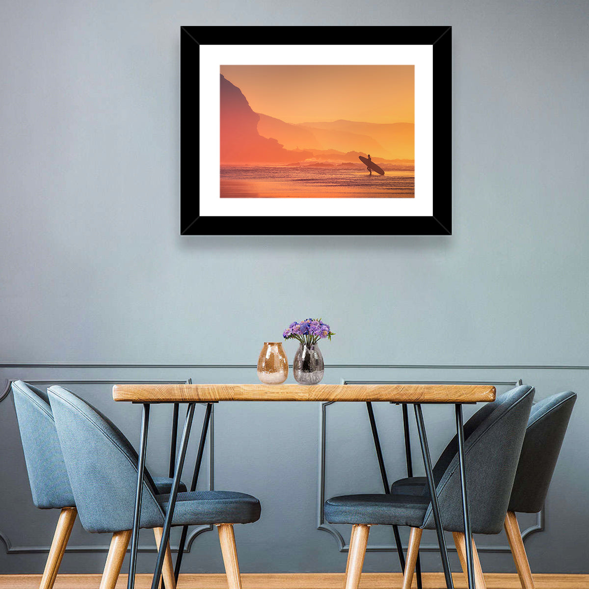 Surfer Silhouette at Golden Sunset Wall Art in a room, landscape