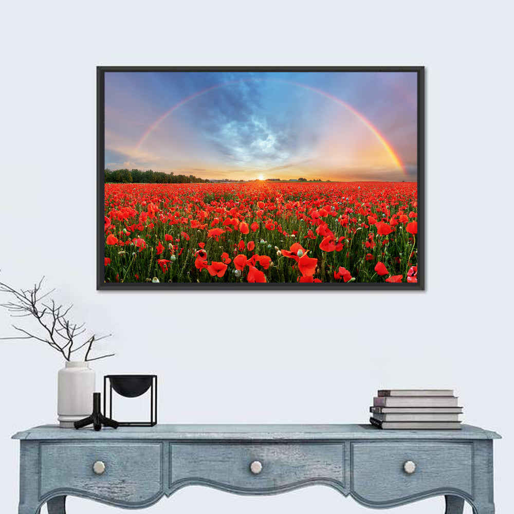 Poppy Field with Double Rainbow Wall Art