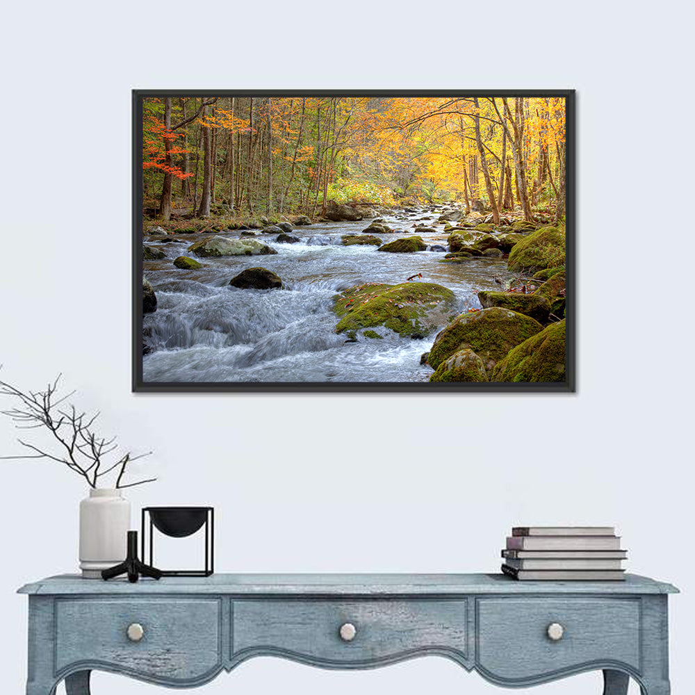 Autumn Mountain Stream Wall Art in a room, landscape