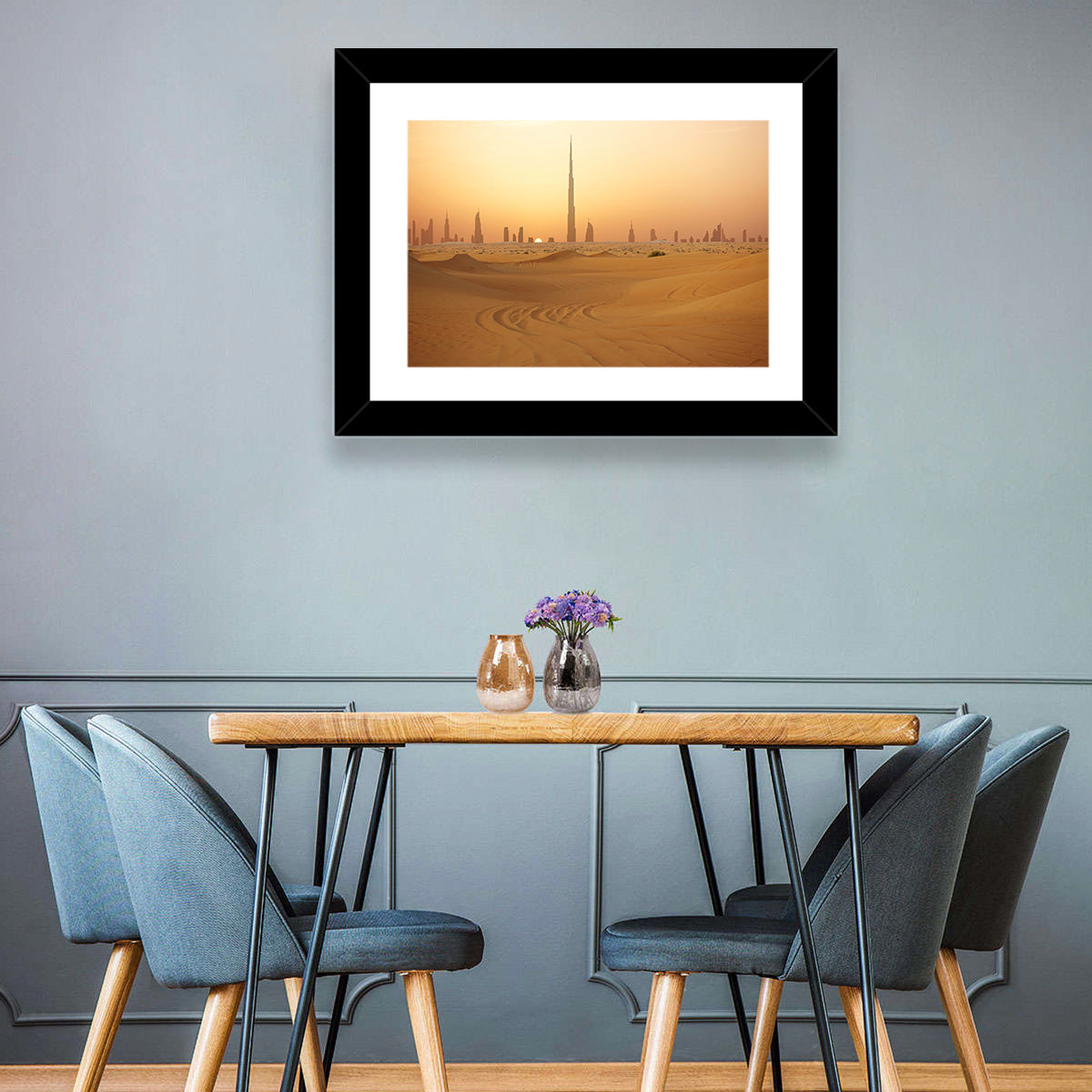 Dubai Skyline at Sunset Wall Art in a room, landscape