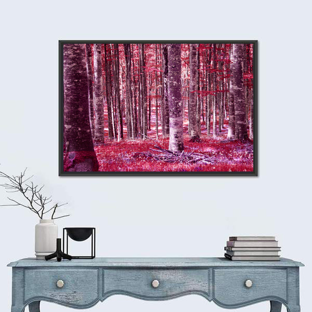 Crimson Woodland Wall Art in a room, landscape