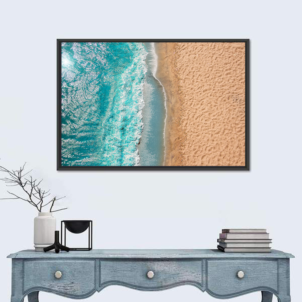 Turquoise Coastline Aerial Wall Art in a room, landscape