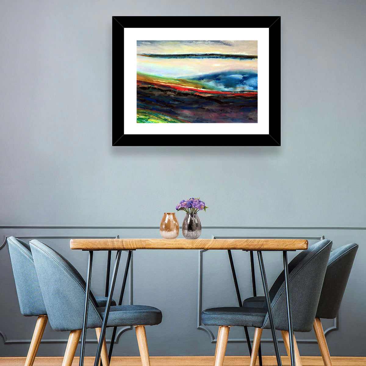 Moody Horizon Stripe Abstract Landscape Wall Art in a room, landscape